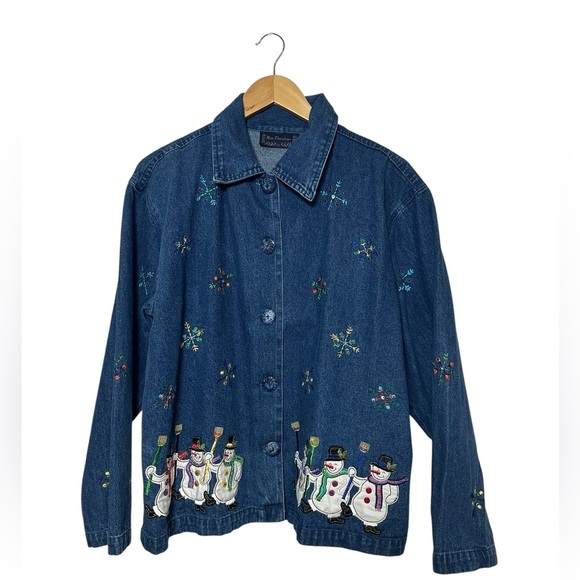 Christmas Holiday 100% Cotton Denim Blue Jacket Snowman Snowflake | Size Medium - Picture 1 of 6